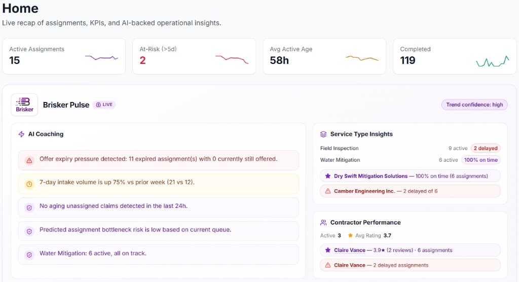 Brisker client dashboard showing KPI cards, Brisker Pulse insights, and assignments table