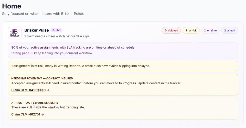 Contractor Home with Brisker Pulse: SLA delayed, at risk, on time, and ahead pills, coaching copy, and actionable claim links for insured contact and at-risk work