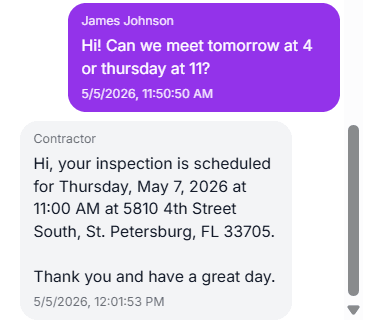 Insured messaging panel with contractor conversation timeline