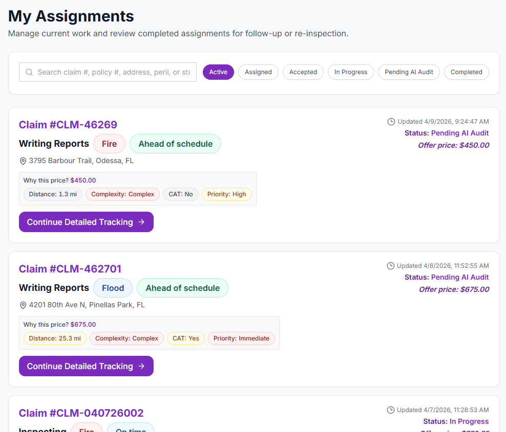 My Assignments list with filters, assignment cards, and continue tracking actions